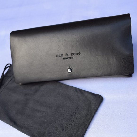 Rag & Bone Leather Eyeglass Sunglass Case in Black with Bag, Pin Closure - NEW